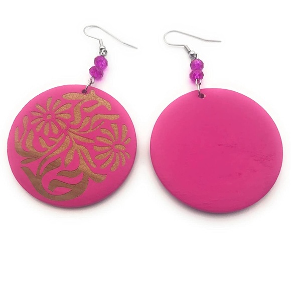 Hot Pink Wooden Disk Statement Dangle Earrings - Picture 5 of 5